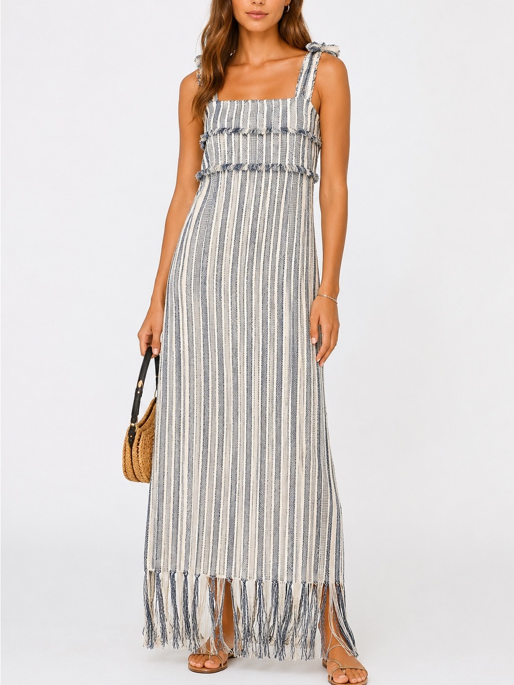 La Ligne Knit Fringe Summer Hamptons Midi Blue and White Striped Dress